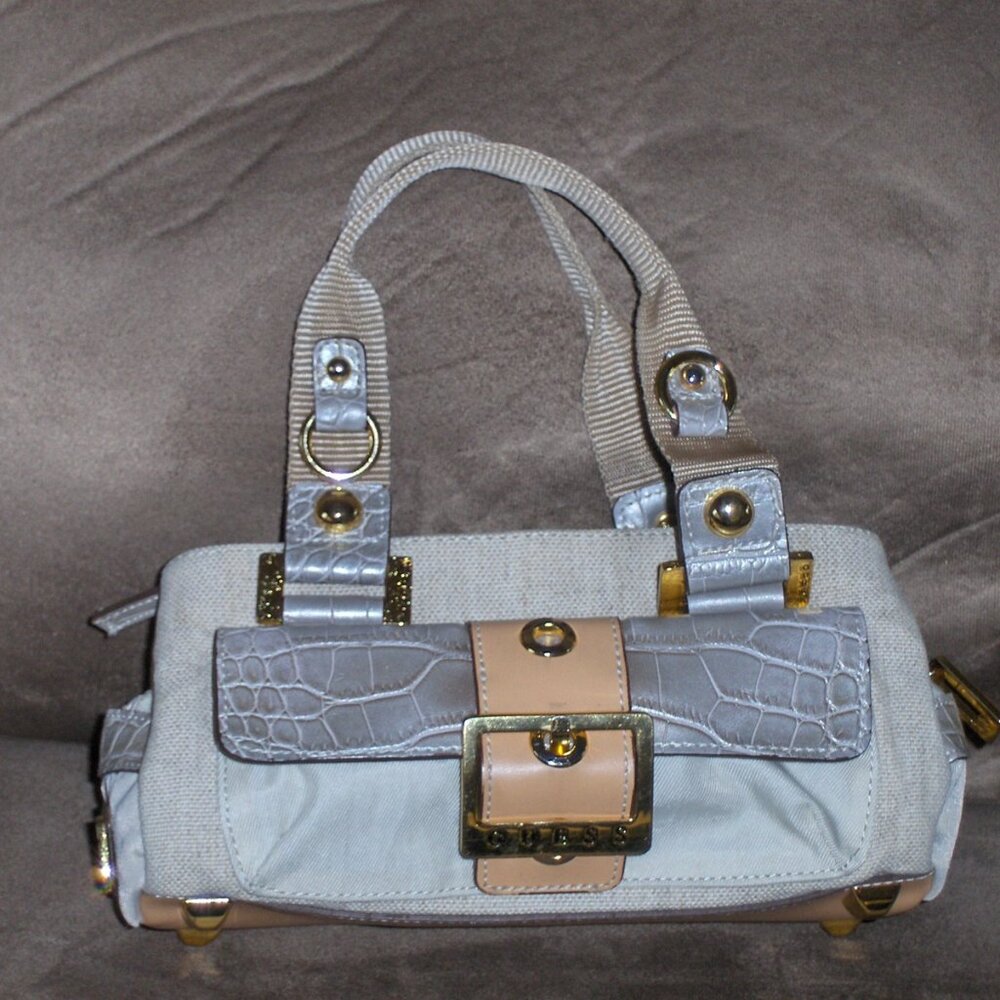 Guess Satchel Canvas Gray Croc Small Purse Handbag
